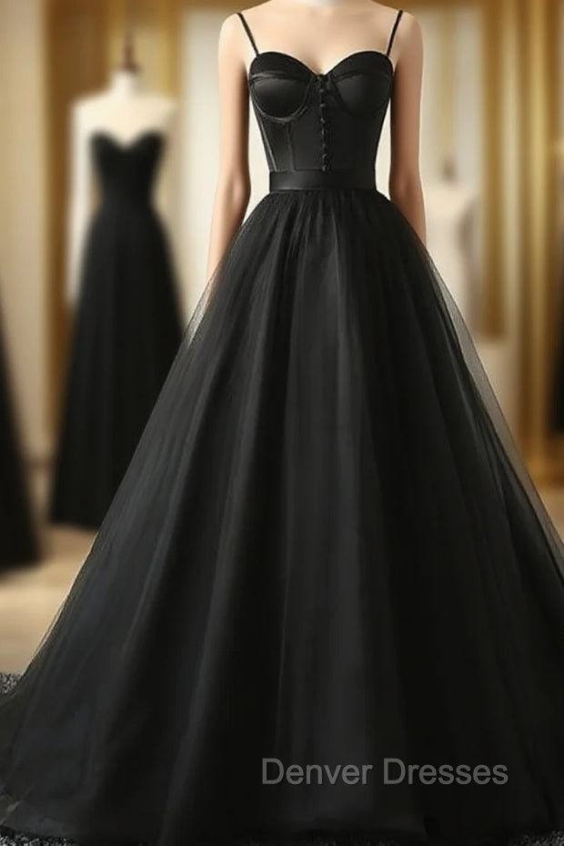 Elegant Black Straps Tulle Sweetheart Prom Dress, Black Party Dress