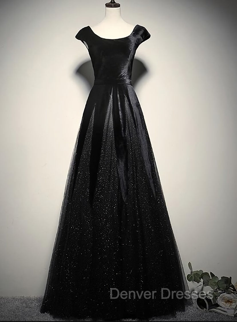 Elegant Black Velvet Cap Sleeves Evening Dress, Black Prom Dress Main image