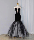 Elegant Black Velvet Mermaid Strapless Beaded Long Prom Dress Tulle Formal Evening Dress