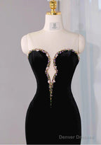 Elegant Black Velvet Mermaid Strapless Beaded Long Prom Dress Tulle Formal Evening Dress