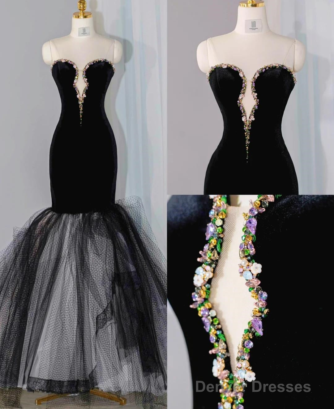 Elegant Black Velvet Mermaid Strapless Beaded Long Prom Dress Tulle Formal Evening Dress Main image