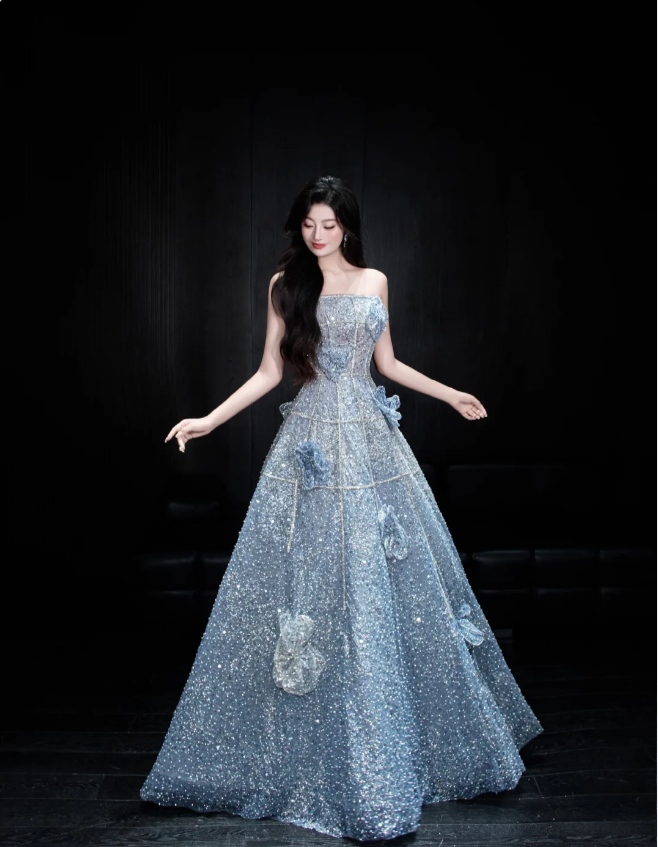 Elegant Blue A-Line Strapless 3D Floral Sequined Tulle Long Prom Dress Evening Dress Secondary image