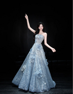 Elegant Blue A-Line Strapless 3D Floral Sequined Tulle Long Prom Dress Evening Dress