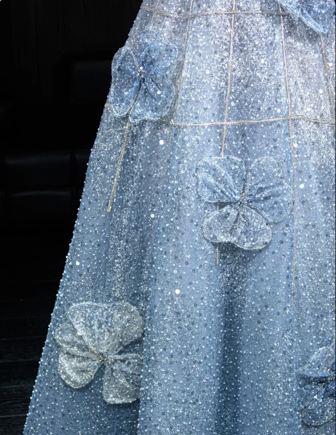 Elegant Blue A-Line Strapless 3D Floral Sequined Tulle Long Prom Dress Evening Dress