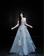 Elegant Blue A-Line Strapless 3D Floral Sequined Tulle Long Prom Dress Evening Dress