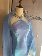 Elegant Blue Halter Neck Mermaid Satin Long Prom Dress Evening Dress