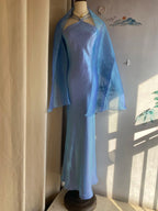 Elegant Blue Halter Neck Mermaid Satin Long Prom Dress Evening Dress