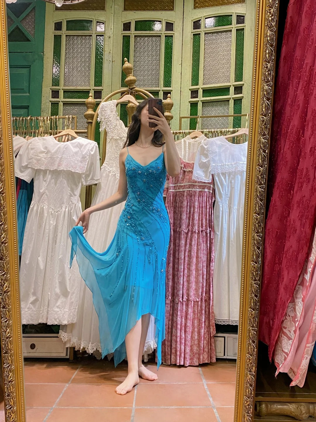 Elegant Blue Irregular Deep V Halter Beaded Chiffon Prom Dress Evening Dress Secondary image