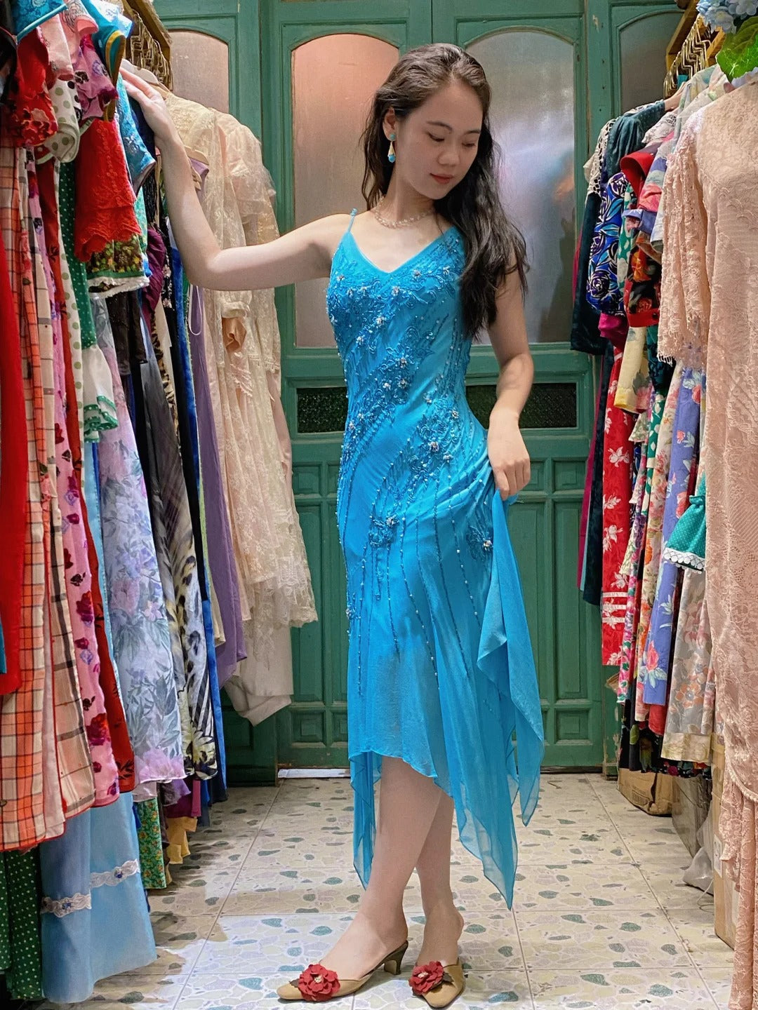 Elegant Blue Irregular Deep V Halter Beaded Chiffon Prom Dress Evening Dress
