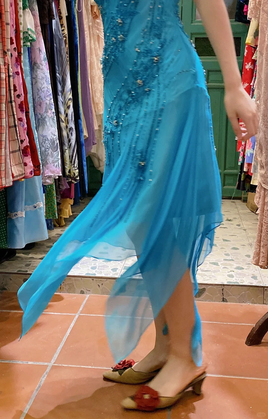 Elegant Blue Irregular Deep V Halter Beaded Chiffon Prom Dress Evening Dress