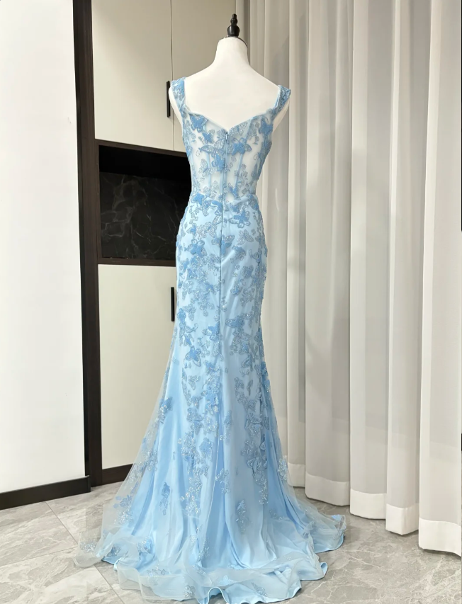 Elegant Blue Mermaid Butterfly Embroidered Long Prom Dress Evening Dress