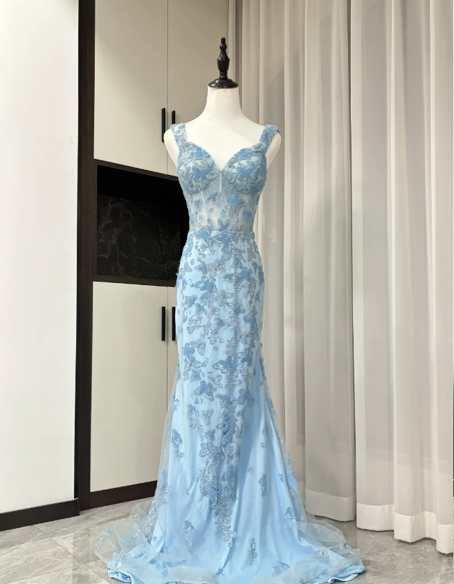 Elegant Blue Mermaid Butterfly Embroidered Long Prom Dress Evening Dress Main image