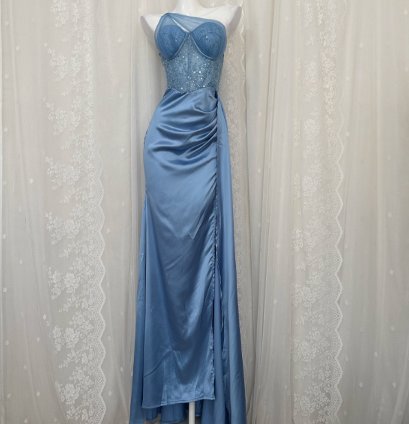 Elegant Blue Mermaid One-Shoulder Sequin Beaded Long Prom Dress Evening Dress Main image