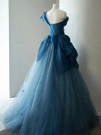 Elegant Blue One Shoulder Tulle Floor Length Wedding Dress