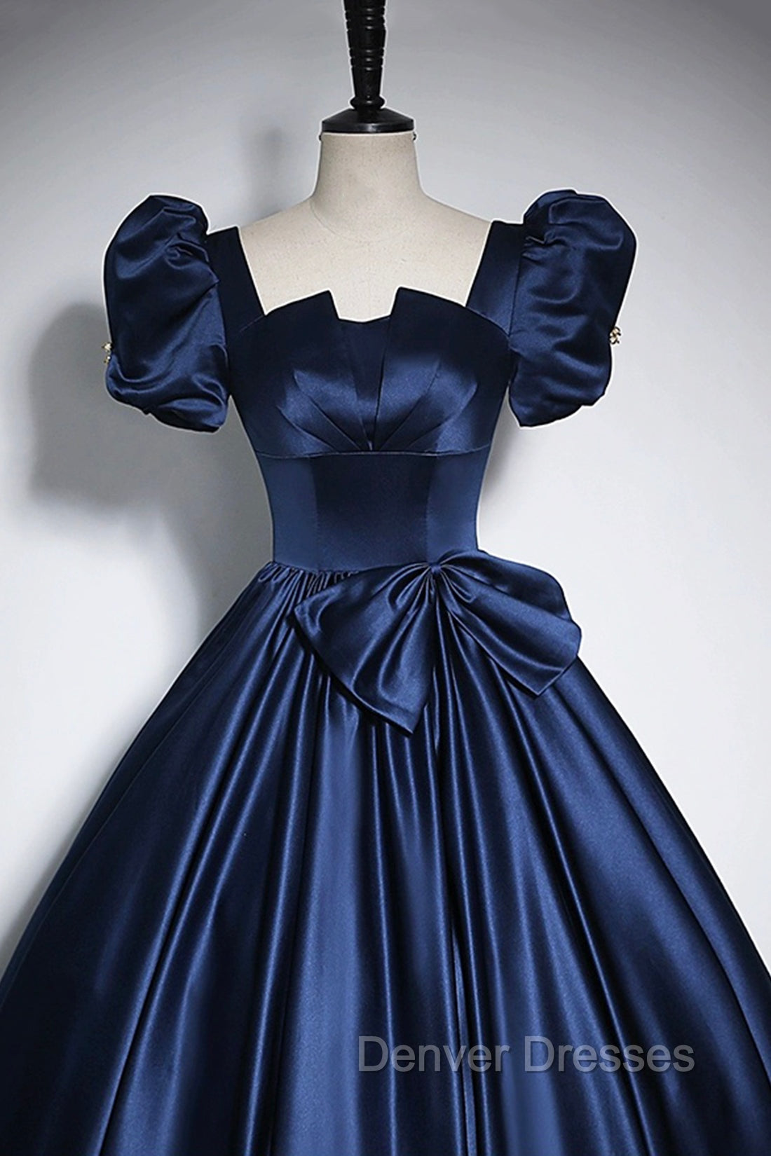 Elegant Blue Satin Prom Dress, Square Neckline Puffy Short Sleeve Bow Backless Floor-Length Formal Dress Secondary image