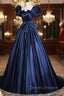Elegant Blue Satin Prom Dress, Square Neckline Puffy Short Sleeve Bow Backless Floor-Length Formal Dress