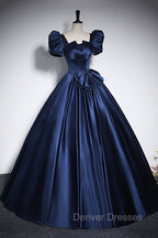 Elegant Blue Satin Prom Dress, Square Neckline Puffy Short Sleeve Bow Backless Floor-Length Formal Dress