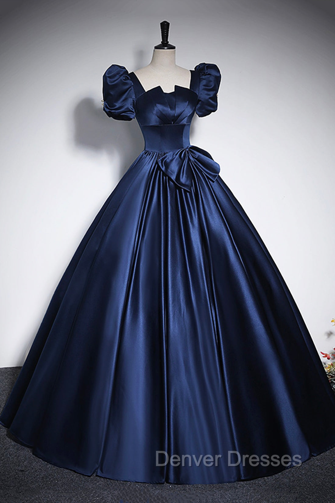 Elegant Blue Satin Prom Dress, Square Neckline Puffy Short Sleeve Bow Backless Floor-Length Formal Dress