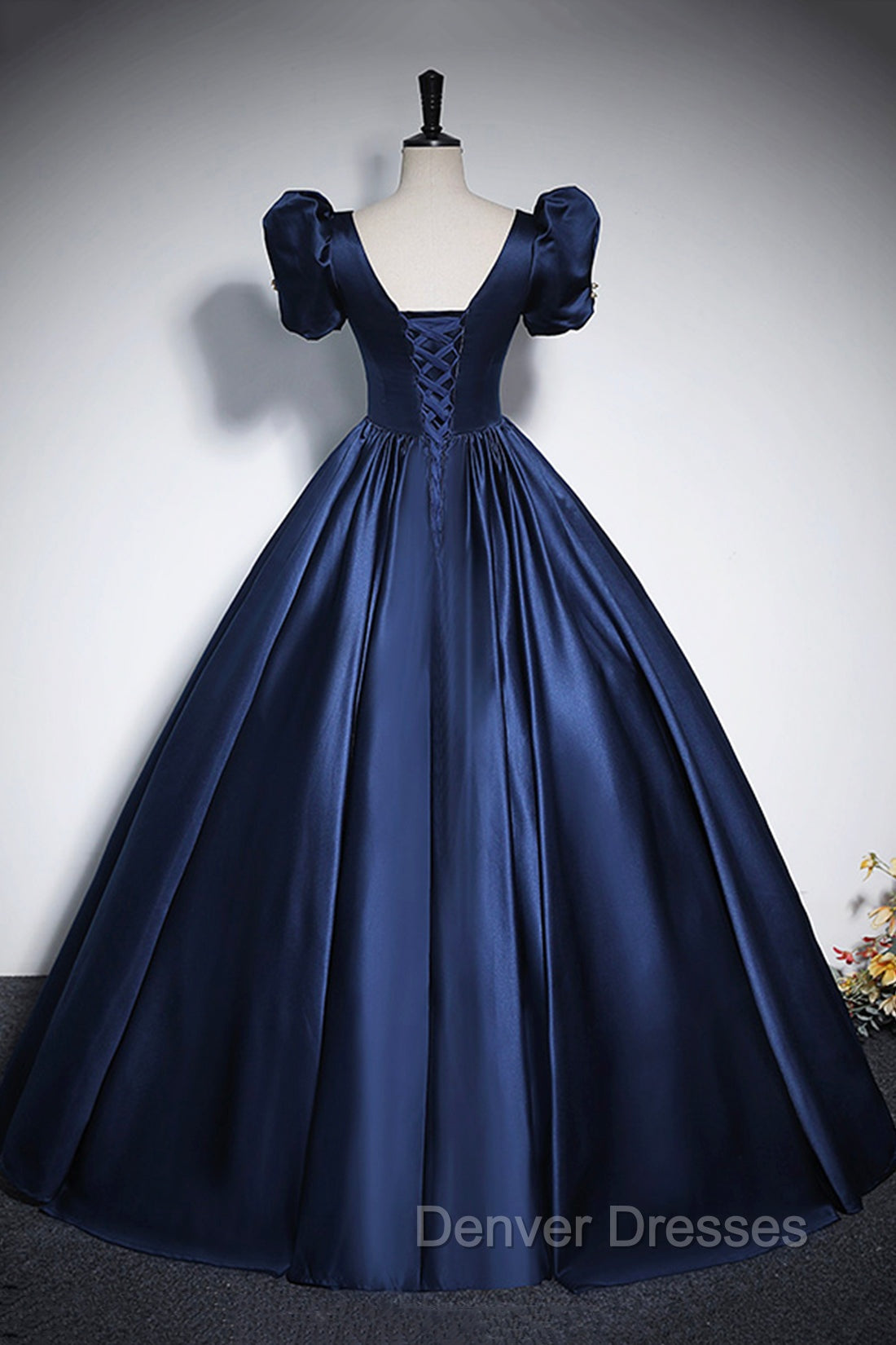 Elegant Blue Satin Prom Dress, Square Neckline Puffy Short Sleeve Bow Backless Floor-Length Formal Dress