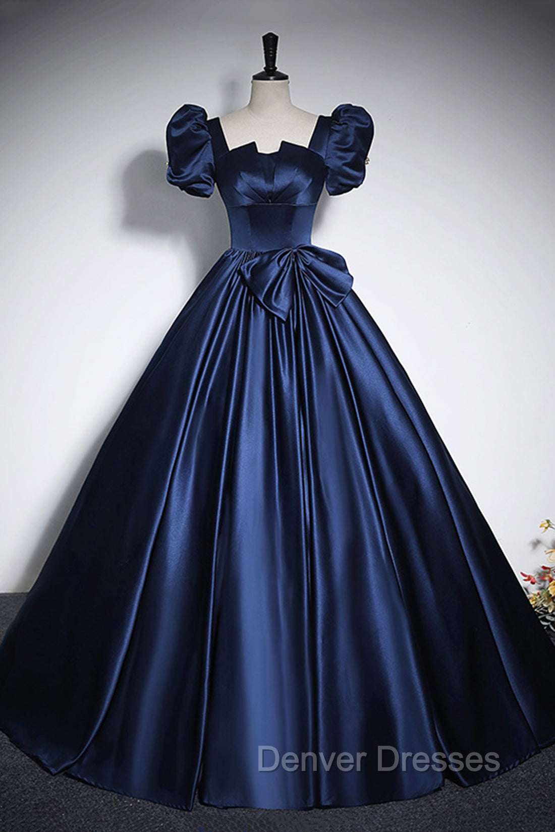 Elegant Blue Satin Prom Dress, Square Neckline Puffy Short Sleeve Bow Backless Floor-Length Formal Dress Main image