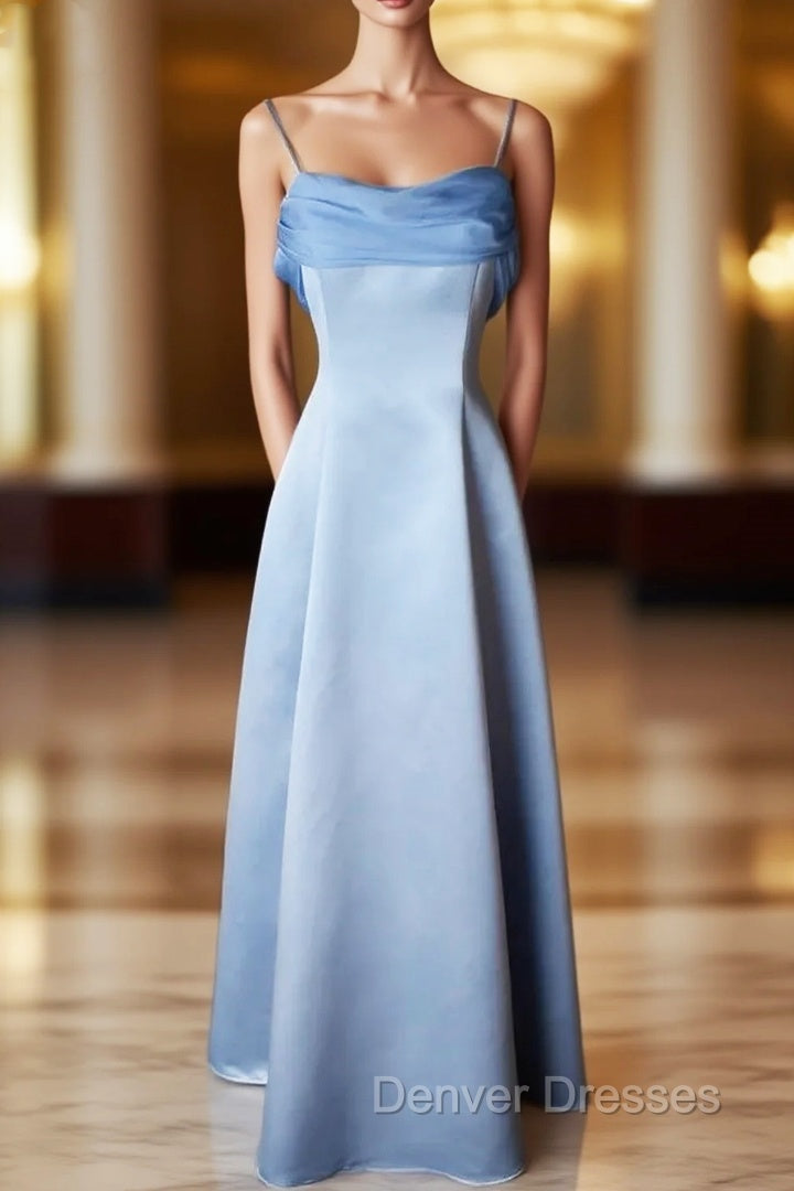 Elegant Blue Satin Spaghetti Straps Evening Gown A Line Long Party Dress Prom Dress