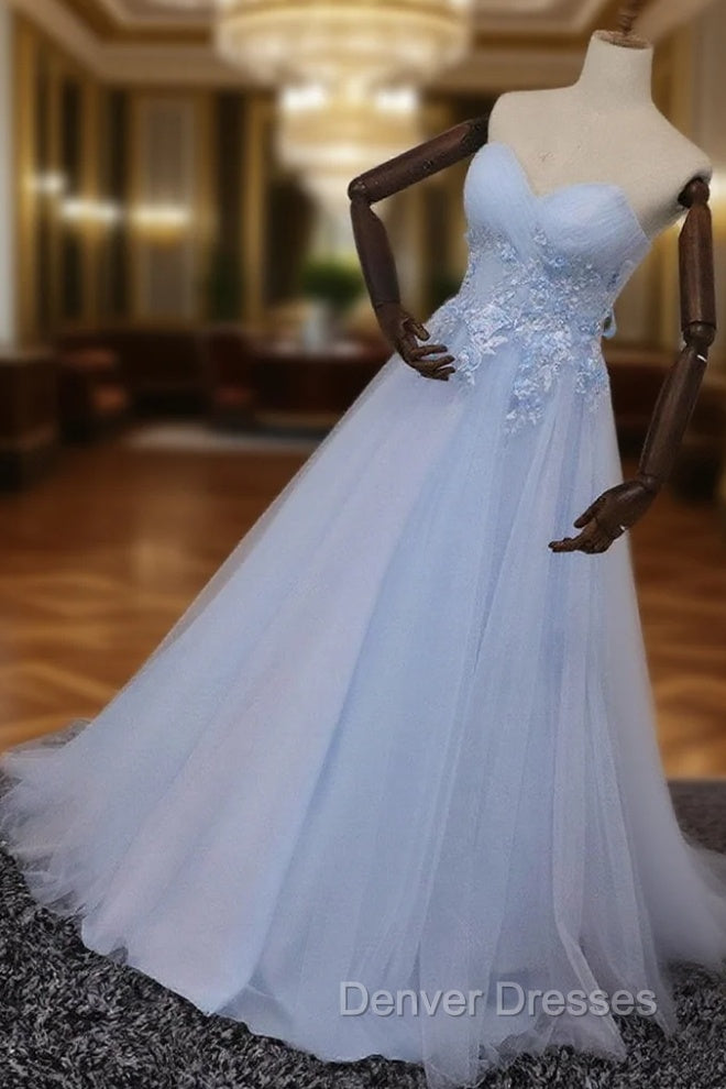 Elegant Blue Tulle Sweetheart Party Dress Formal Dress, Blue Lace Applique Prom Dress 2025 Main image
