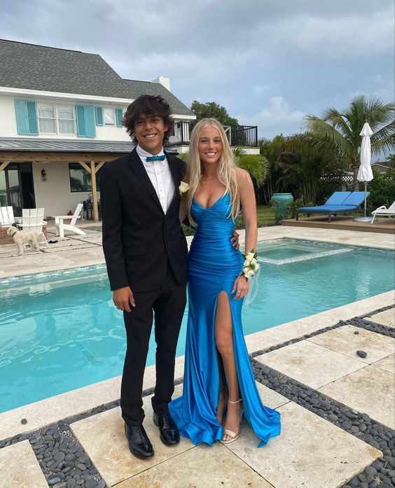 Elegant Blue V Neck Prom Dress With Split,Blue Formal Dress Secondary image