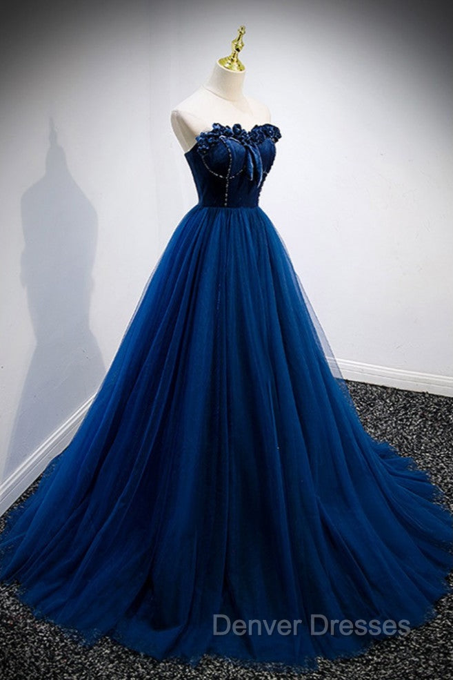 Elegant Blue Velvet And Tulle Long Prom Dress Strapless Secondary image