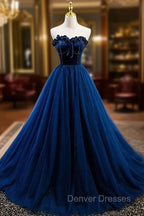Elegant Blue Velvet And Tulle Long Prom Dress Strapless