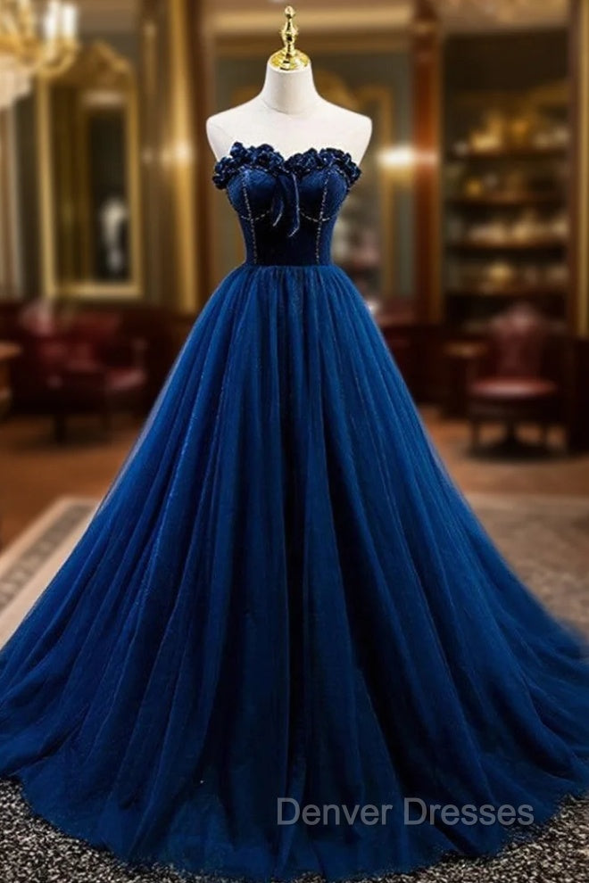 Elegant Blue Velvet And Tulle Long Prom Dress Strapless