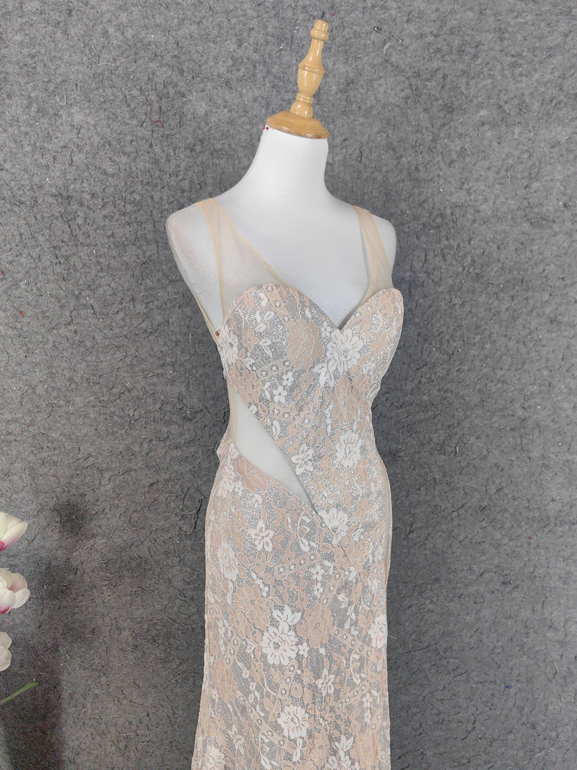 Elegant Blush Pink Lace Gradient Spaghetti Strap V-Neck Train Prom Dress Evening Dress