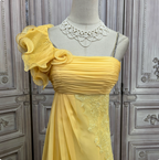 Elegant Bright Yellow A-Line One-Shoulder Ruched Floral-Appliqu¨¦ Chiffon Long Prom Dress Evening Dress
