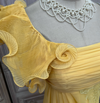 Elegant Bright Yellow A-Line One-Shoulder Ruched Floral-Appliqu¨¦ Chiffon Long Prom Dress Evening Dress