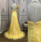 Elegant Bright Yellow A-Line One-Shoulder Ruched Floral-Appliqu¨¦ Chiffon Long Prom Dress Evening Dress
