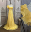 Elegant Bright Yellow A-Line One-Shoulder Ruched Floral-Appliqu¨¦ Chiffon Long Prom Dress Evening Dress