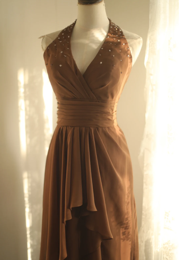 Elegant Brown A-Line Halter Neck Chiffon Long Prom Dress Evening Dress