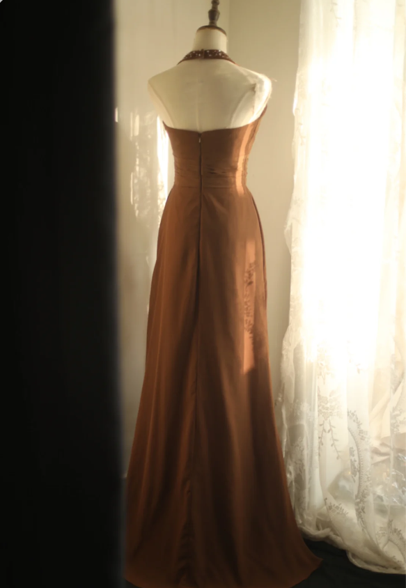 Elegant Brown A-Line Halter Neck Chiffon Long Prom Dress Evening Dress