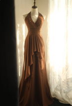 Elegant Brown A-Line Halter Neck Chiffon Long Prom Dress Evening Dress