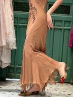 Elegant Brown And Gold Mermaid Halter-Neck Embroidered Beaded Chiffon Long Prom Dress Evening Dress