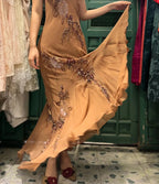 Elegant Brown And Gold Mermaid Halter-Neck Embroidered Beaded Chiffon Long Prom Dress Evening Dress