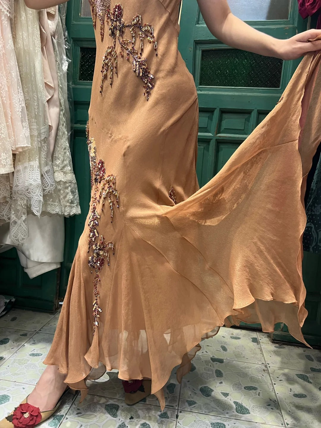 Elegant Brown And Gold Mermaid Halter-Neck Embroidered Beaded Chiffon Long Prom Dress Evening Dress