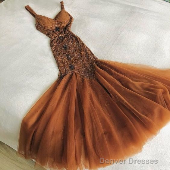 Elegant Brown Mermaid Spaghetti Strap Chiffon Tulle Beaded Long Prom Dress Birthday Dress Main image