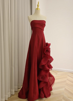 Elegant Burgundy 3D Floral Embellished Strapless Satin Long Prom Dress Evening Dress