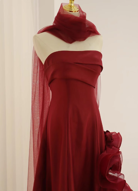 Elegant Burgundy 3D Floral Embellished Strapless Satin Long Prom Dress Evening Dress