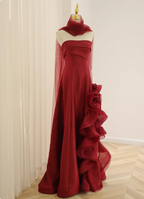 Elegant Burgundy 3D Floral Embellished Strapless Satin Long Prom Dress Evening Dress