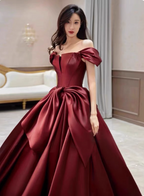 Elegant Burgundy A-Line Off-The-Shoulder Bow Satin Train Prom Dress Evening Dress
