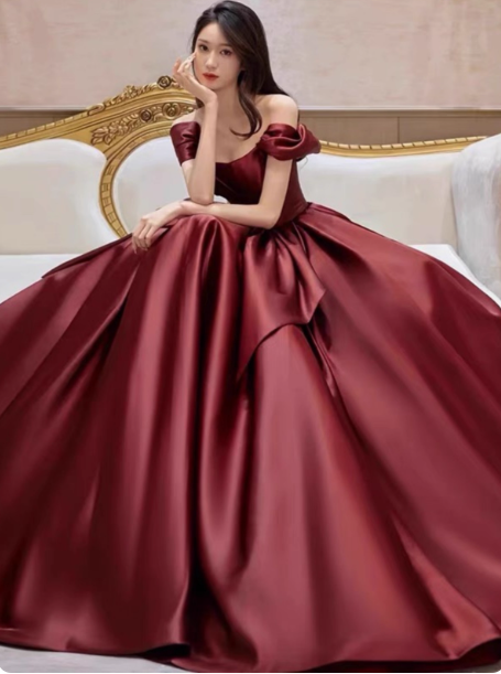 Elegant Burgundy A-Line Off-The-Shoulder Bow Satin Train Prom Dress Evening Dress