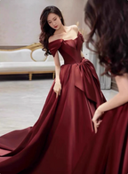 Elegant Burgundy A-Line Off-The-Shoulder Bow Satin Train Prom Dress Evening Dress