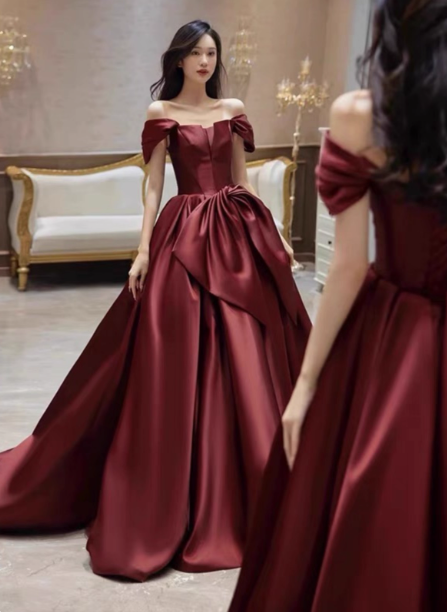 Elegant Burgundy A-Line Off-The-Shoulder Bow Satin Train Prom Dress Evening Dress