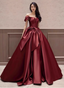 Elegant Burgundy A-Line Off-The-Shoulder Bow Satin Train Prom Dress Evening Dress